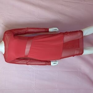 Boohoo Sheer Mesh Detail Bodycon Long Sleeve Midi Dress in Red size 8